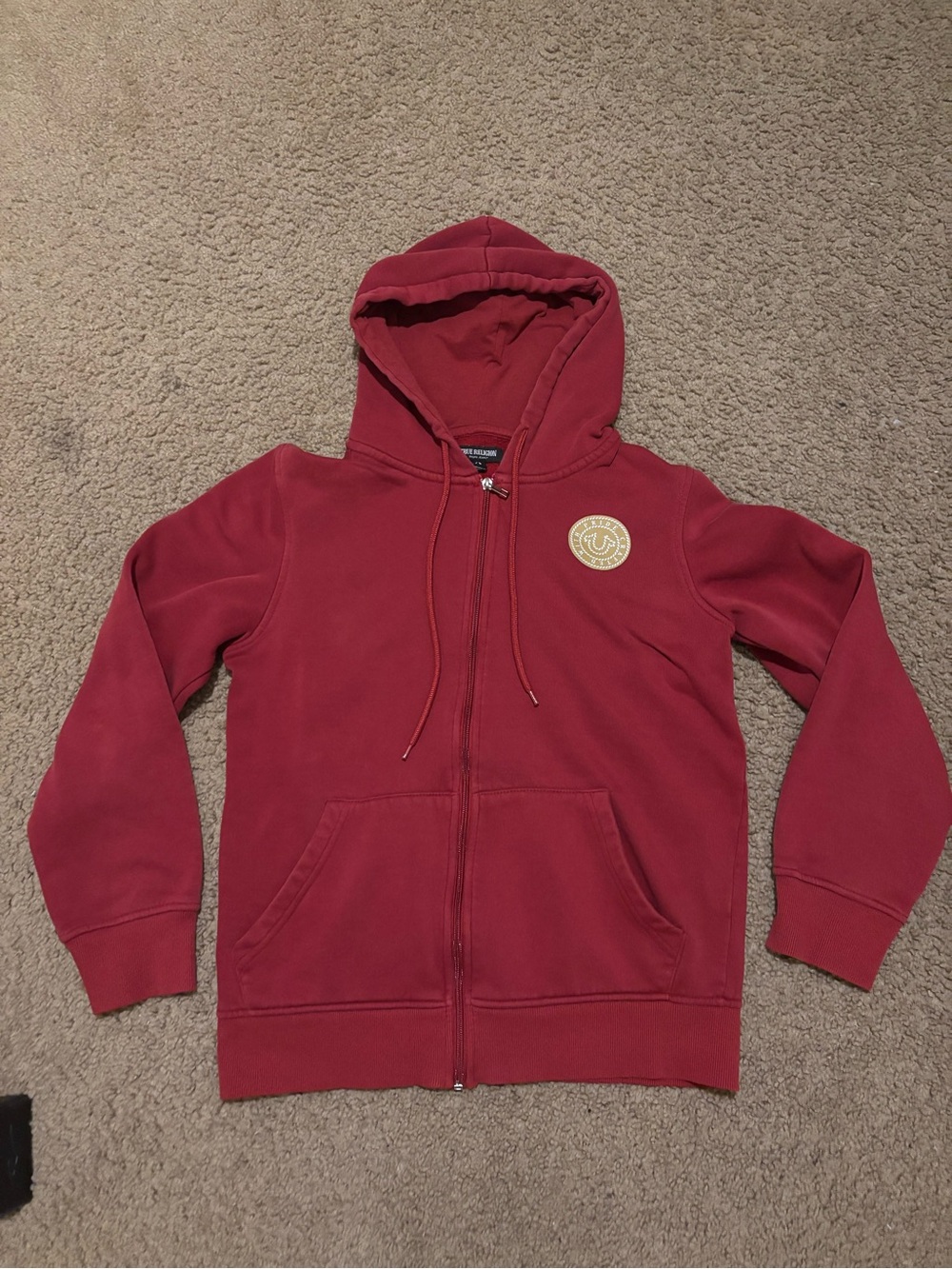 True Religion Men's Zip-Up Hoodie in Red with Gold Patch